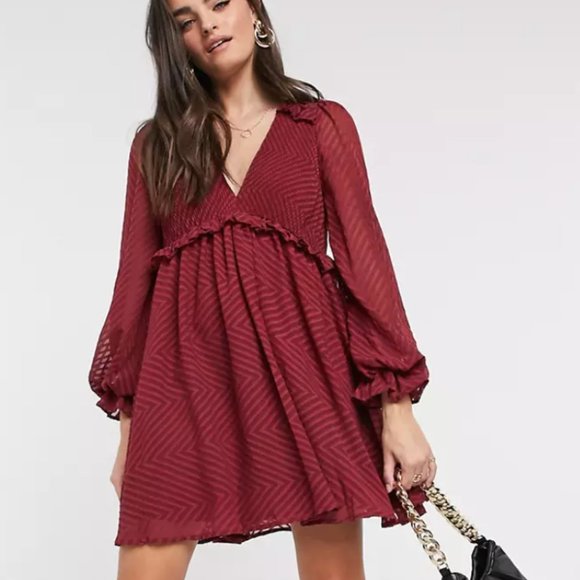 NWOT-ASOS mini babydoll smock dress in chevron - Picture 1 of 8